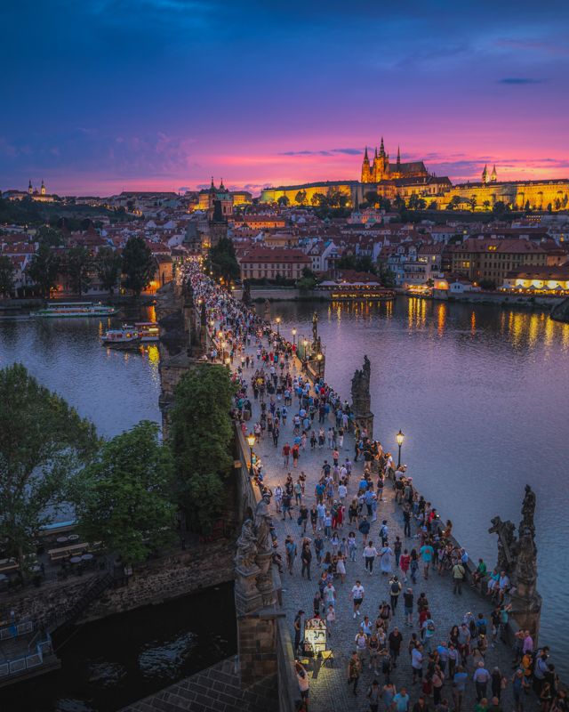 Charles Bridge and Prague Castle at sunset